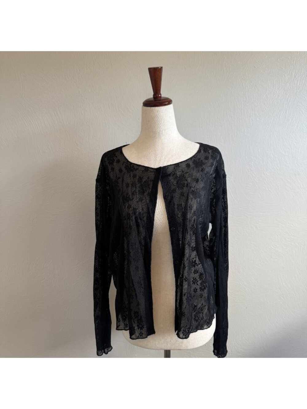 Fatigue Black Sheer Floral Lace Knit Cardigan Button Front Lightweight Coverup S